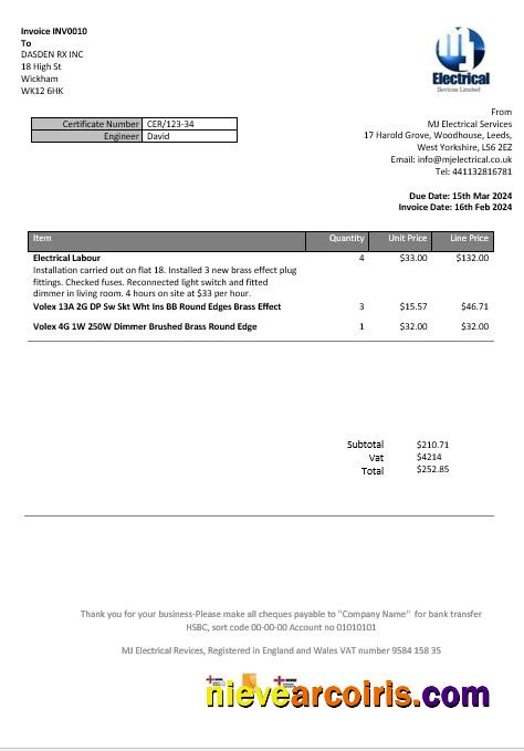 United Kingdom MJ Electrical proof of address business utility bill
